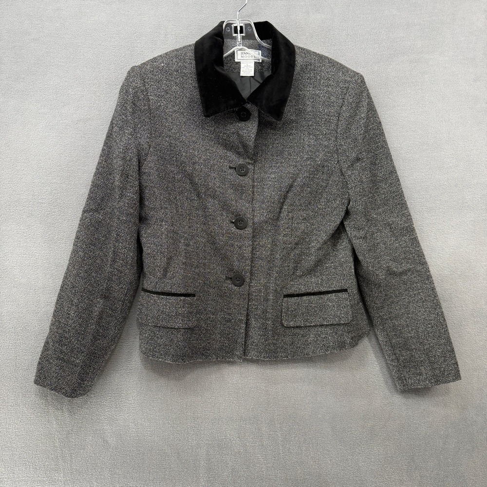 Jennifer Moore Wool Tweed Blazer Womens 4 Black White Velvet Collar Jacket